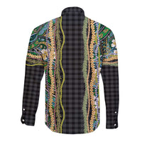 Hawaiian Art Flower Tribal with Lei Long Sleeve Button Shirt Palaka Pattern Black Color - Polynesian Pride