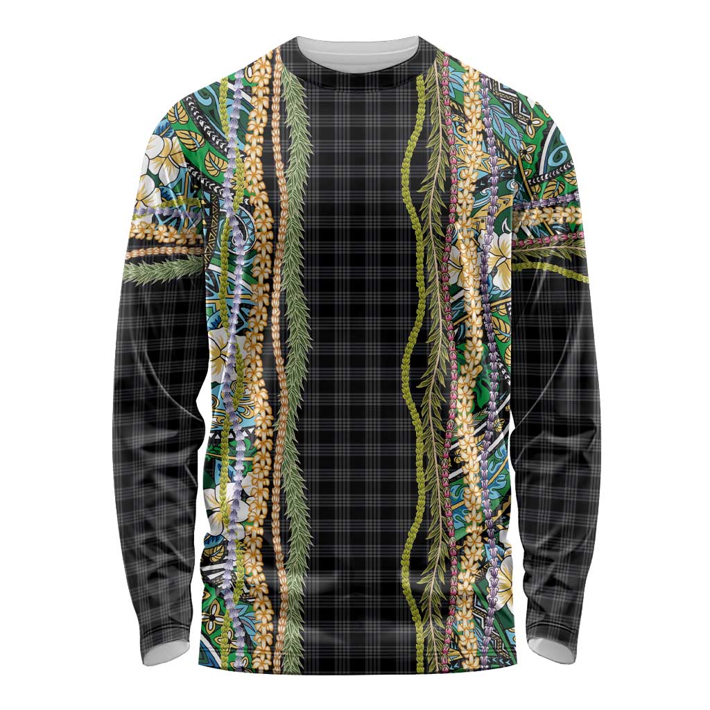 Hawaiian Art Flower Tribal with Lei Long Sleeve Shirt Palaka Pattern Black Color LT03 Unisex Black - Polynesian Pride