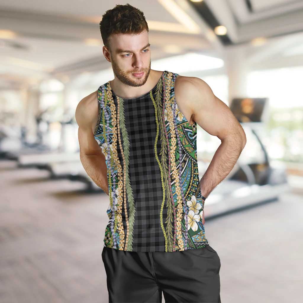 Hawaiian Art Flower Tribal with Lei Men Tank Top Palaka Pattern Black Color - Polynesian Pride