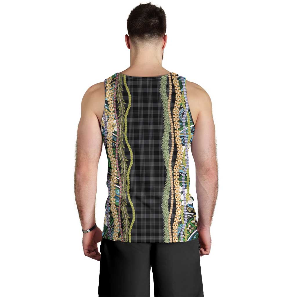 Hawaiian Art Flower Tribal with Lei Men Tank Top Palaka Pattern Black Color - Polynesian Pride