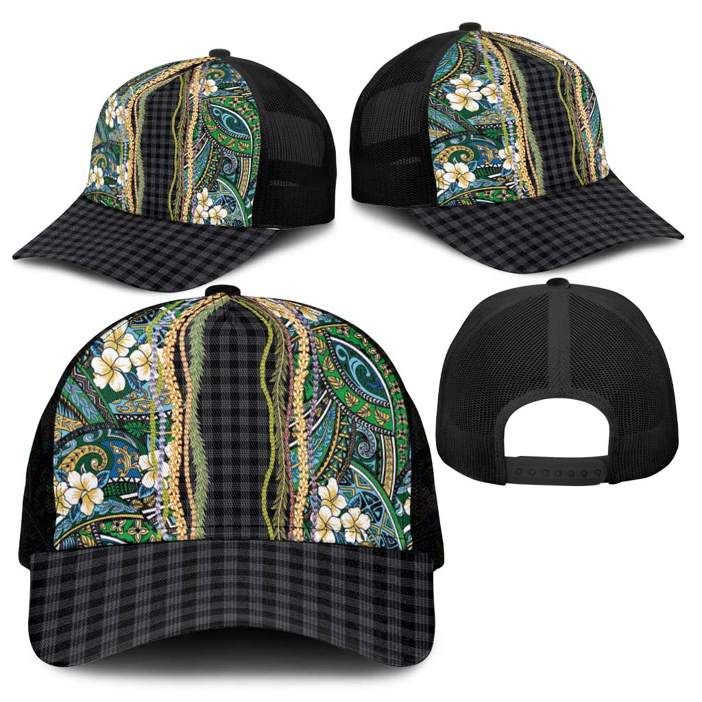 Hawaiian Art Flower Tribal with Lei Mesh Trucker Cap Palaka Pattern Black Color - Polynesian Pride