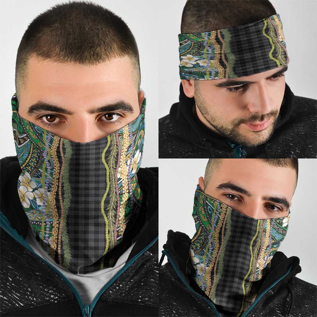 Hawaiian Art Flower Tribal with Lei Neck Gaiter Palaka Pattern Black Color - Polynesian Pride