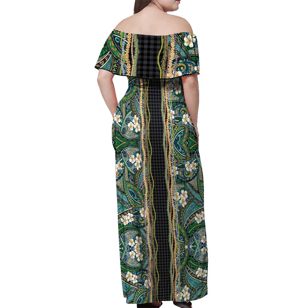 Hawaiian Art Flower Tribal with Lei Off Shoulder Maxi Dress Palaka Pattern Black Color - Polynesian Pride