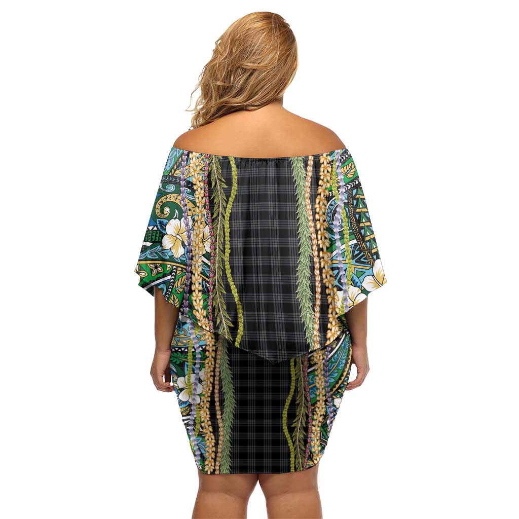 Hawaiian Art Flower Tribal with Lei Off Shoulder Short Dress Palaka Pattern Black Color - Polynesian Pride