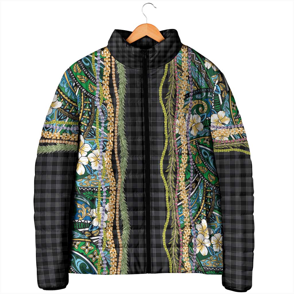 Hawaiian Art Flower Tribal with Lei Padded Jacket Palaka Pattern Black Color - Polynesian Pride