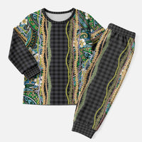 Hawaiian Art Flower Tribal with Lei Christmas Pajama Set Palaka Pattern Black Color - Polynesian Pride