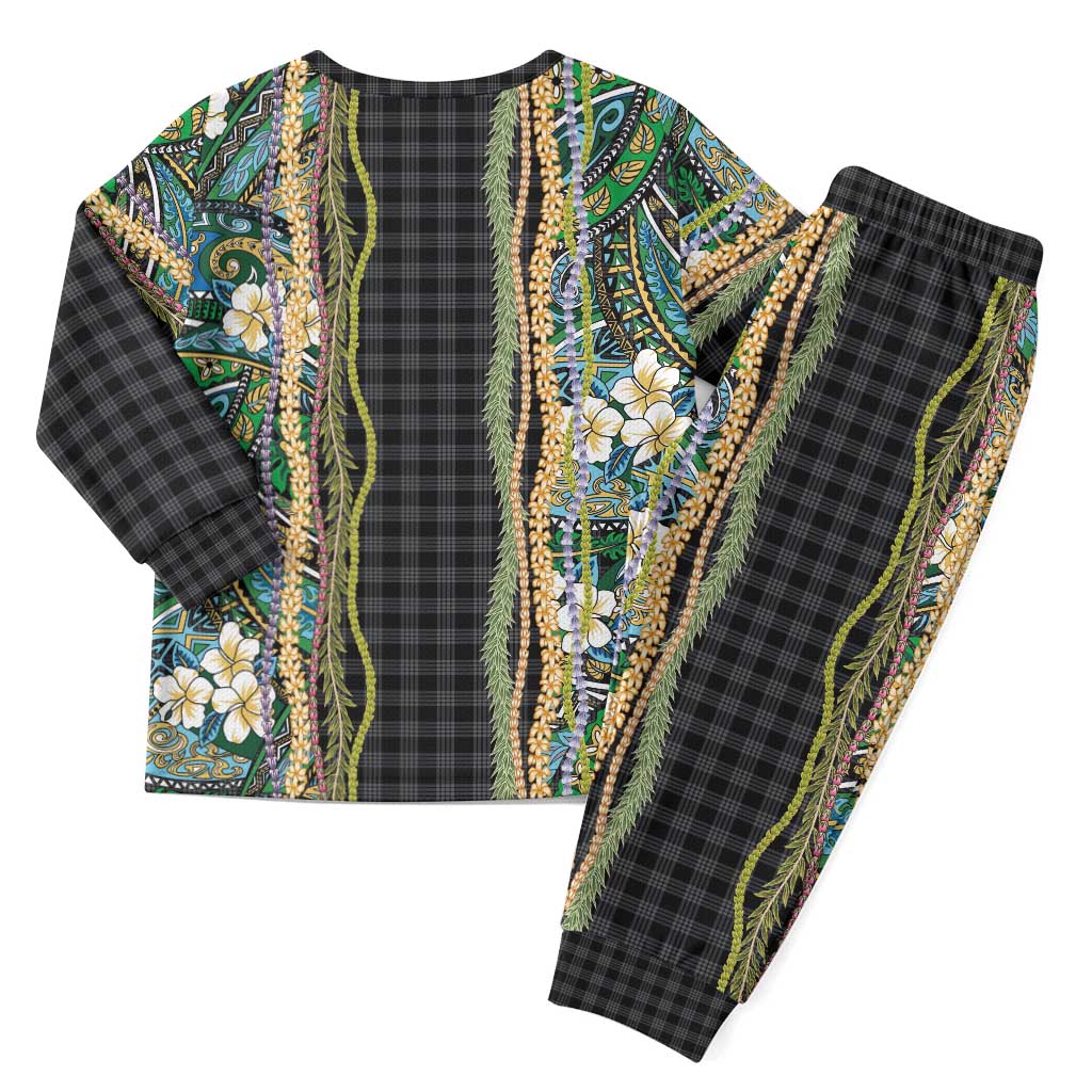Hawaiian Art Flower Tribal with Lei Christmas Pajama Set Palaka Pattern Black Color - Polynesian Pride