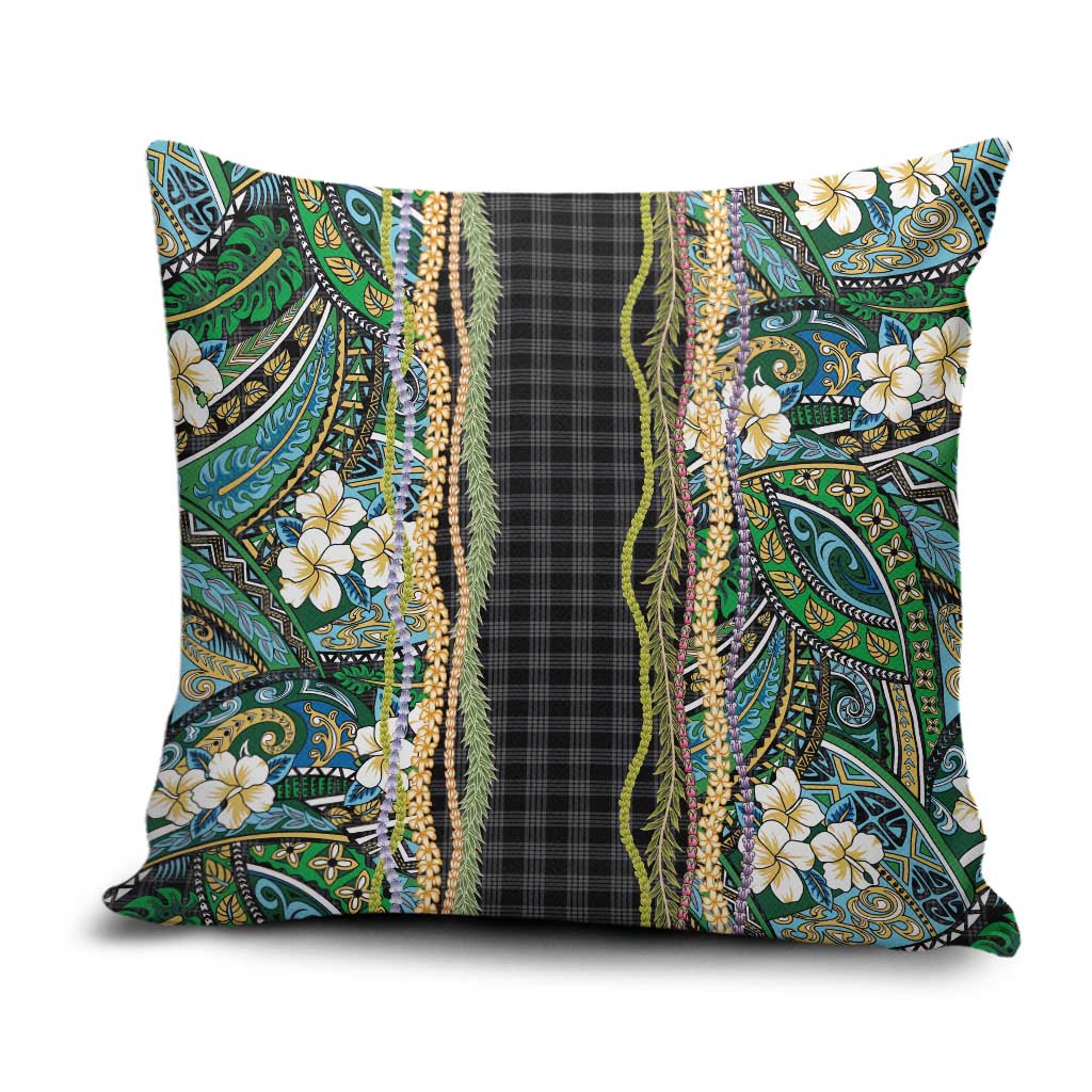 Hawaiian Art Flower Tribal with Lei Pillow Cover Palaka Pattern Black Color - Polynesian Pride