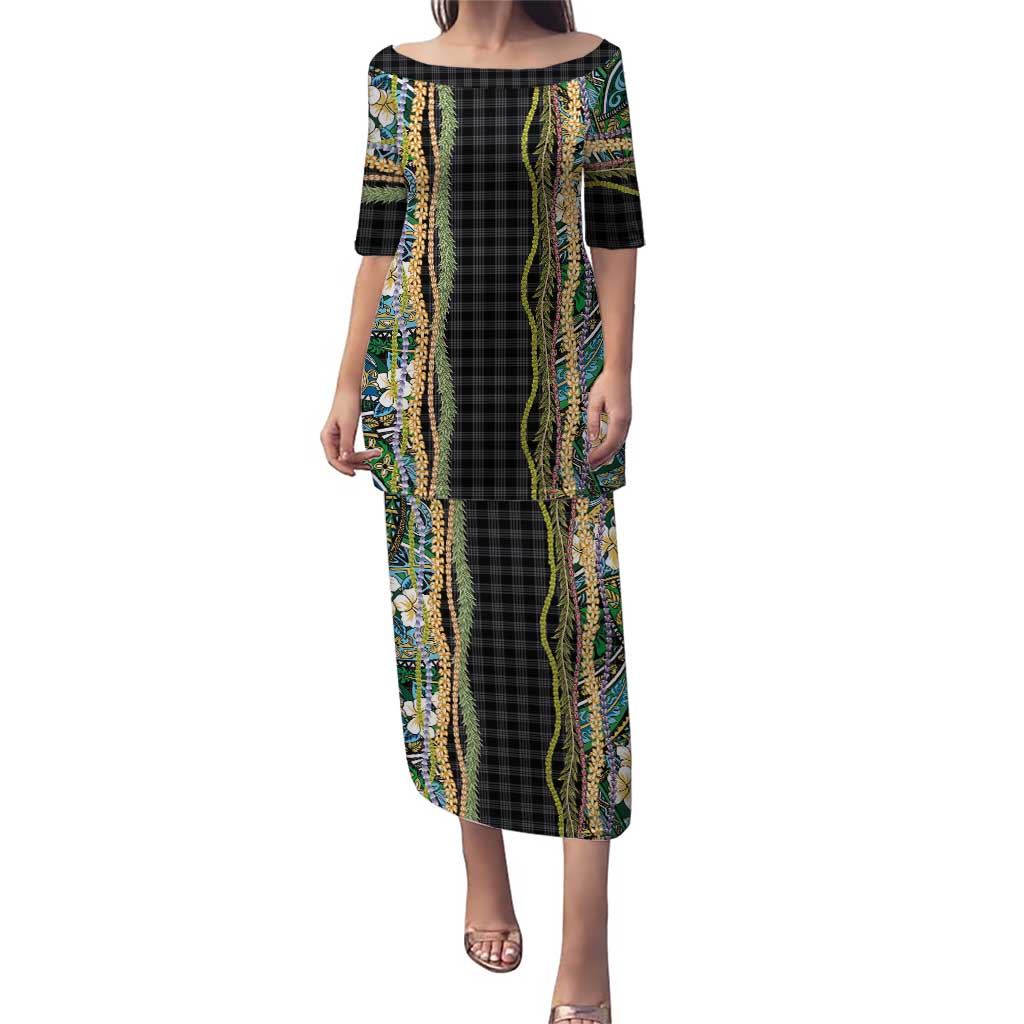 Hawaiian Art Flower Tribal with Lei Puletasi Palaka Pattern Black Color LT03 Long Dress Black - Polynesian Pride