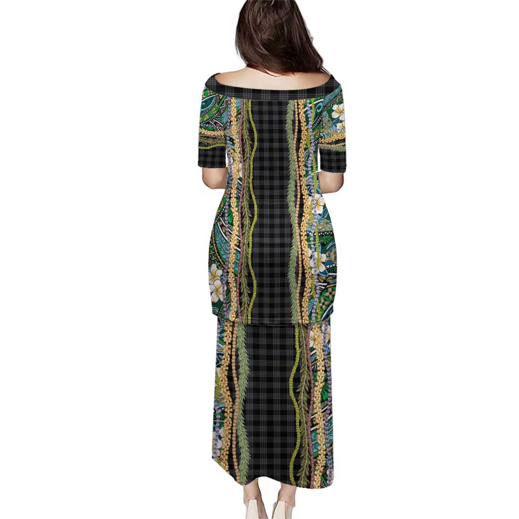 Hawaiian Art Flower Tribal with Lei Puletasi Palaka Pattern Black Color - Polynesian Pride