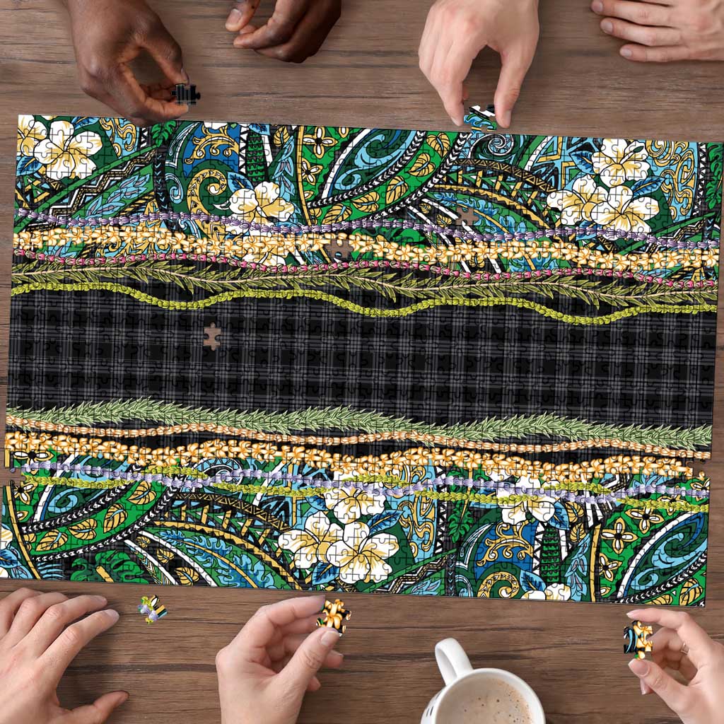 Hawaiian Art Flower Tribal with Lei Puzzle Palaka Pattern Black Color - Polynesian Pride