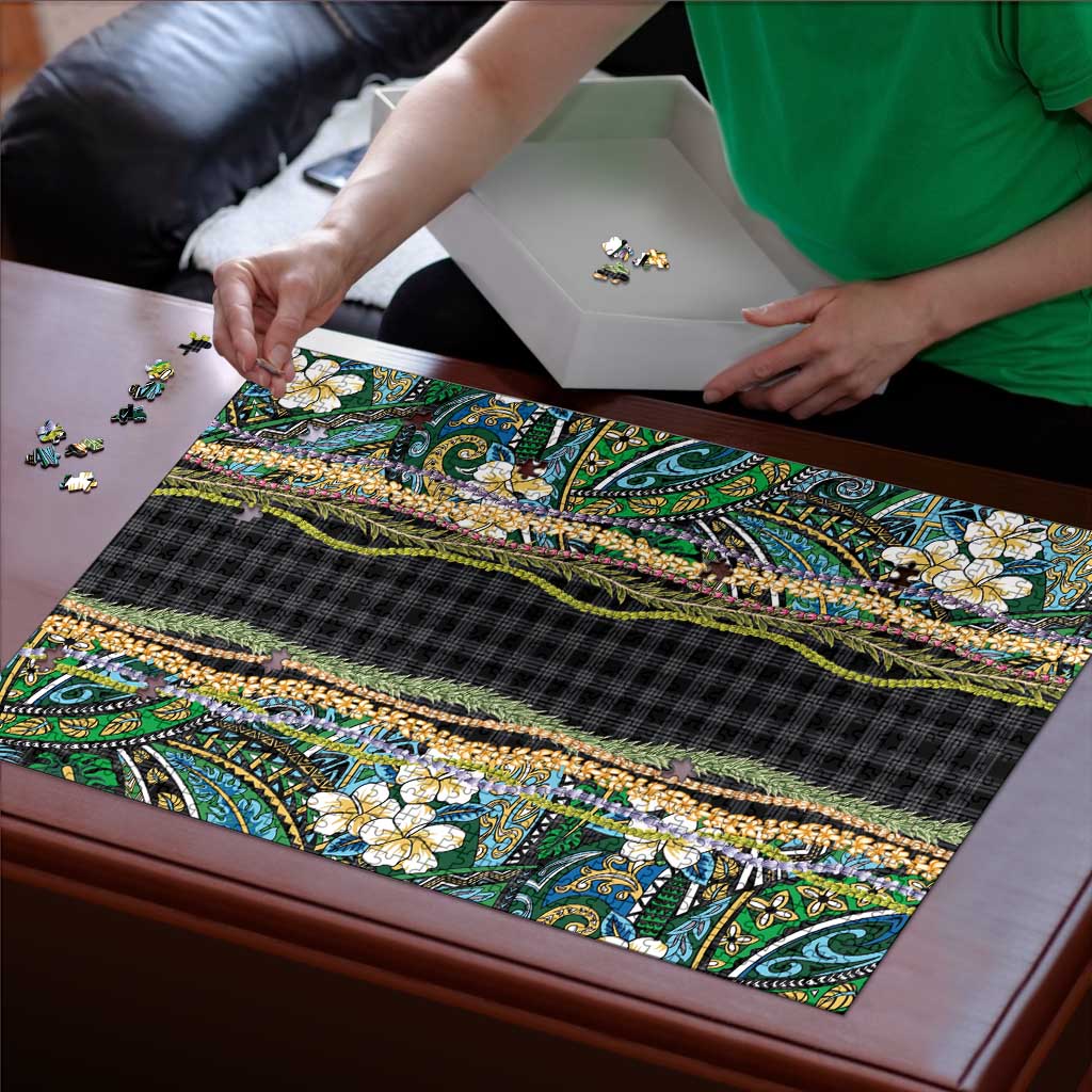 Hawaiian Art Flower Tribal with Lei Puzzle Palaka Pattern Black Color - Polynesian Pride