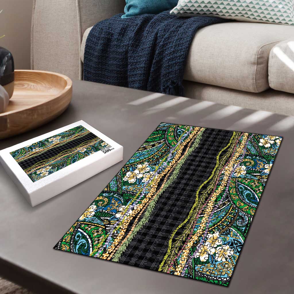Hawaiian Art Flower Tribal with Lei Puzzle Palaka Pattern Black Color - Polynesian Pride