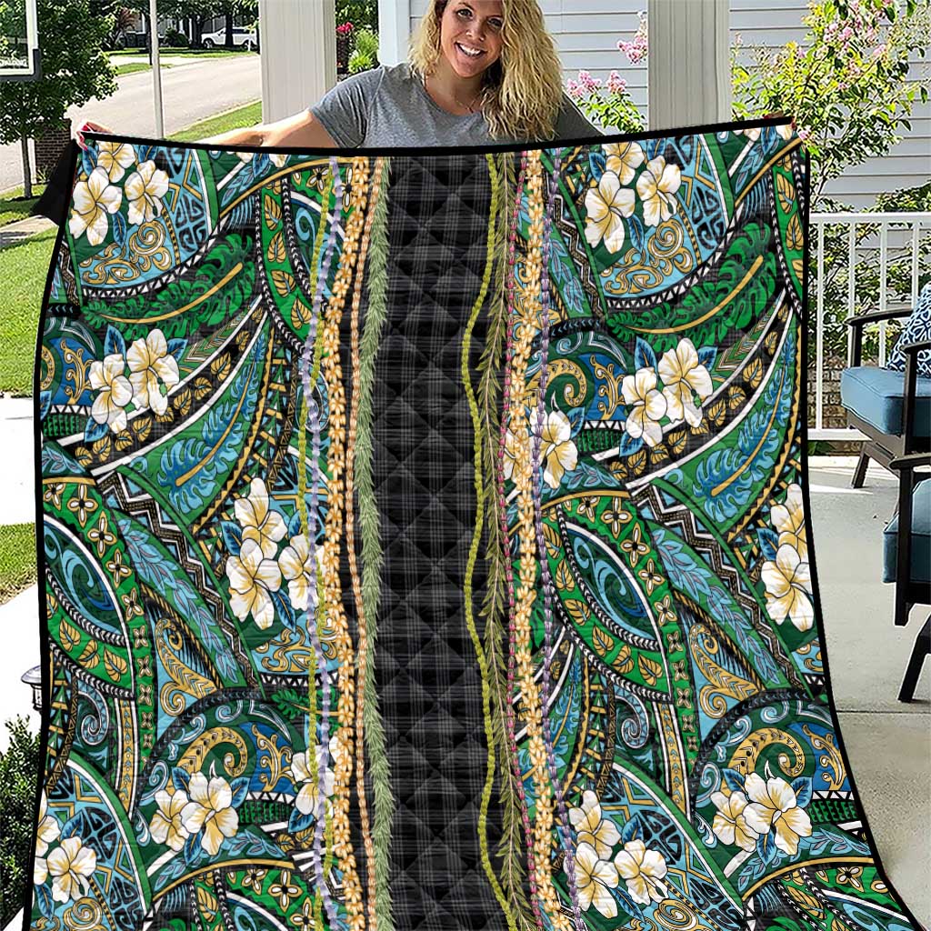 Hawaiian Art Flower Tribal with Lei Quilt Palaka Pattern Black Color LT03 Black - Polynesian Pride