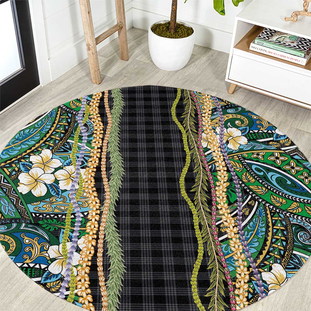 Hawaiian Art Flower Tribal with Lei Round Carpet Palaka Pattern Black Color LT03 Black - Polynesian Pride