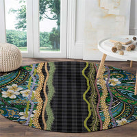 Hawaiian Art Flower Tribal with Lei Round Carpet Palaka Pattern Black Color - Polynesian Pride