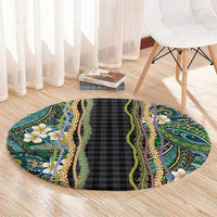 Hawaiian Art Flower Tribal with Lei Round Carpet Palaka Pattern Black Color - Polynesian Pride