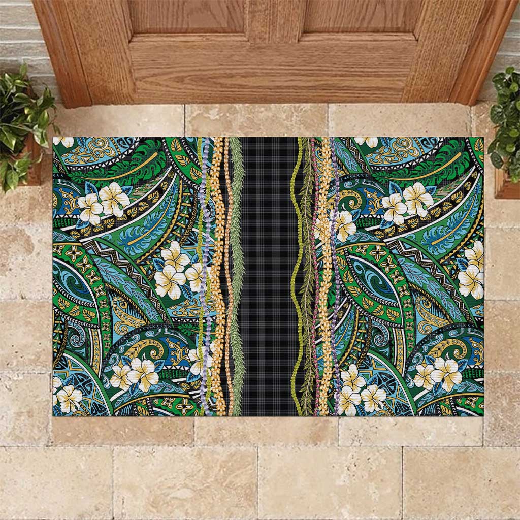 Hawaiian Art Flower Tribal with Lei Rubber Doormat Palaka Pattern Black Color LT03 Black - Polynesian Pride