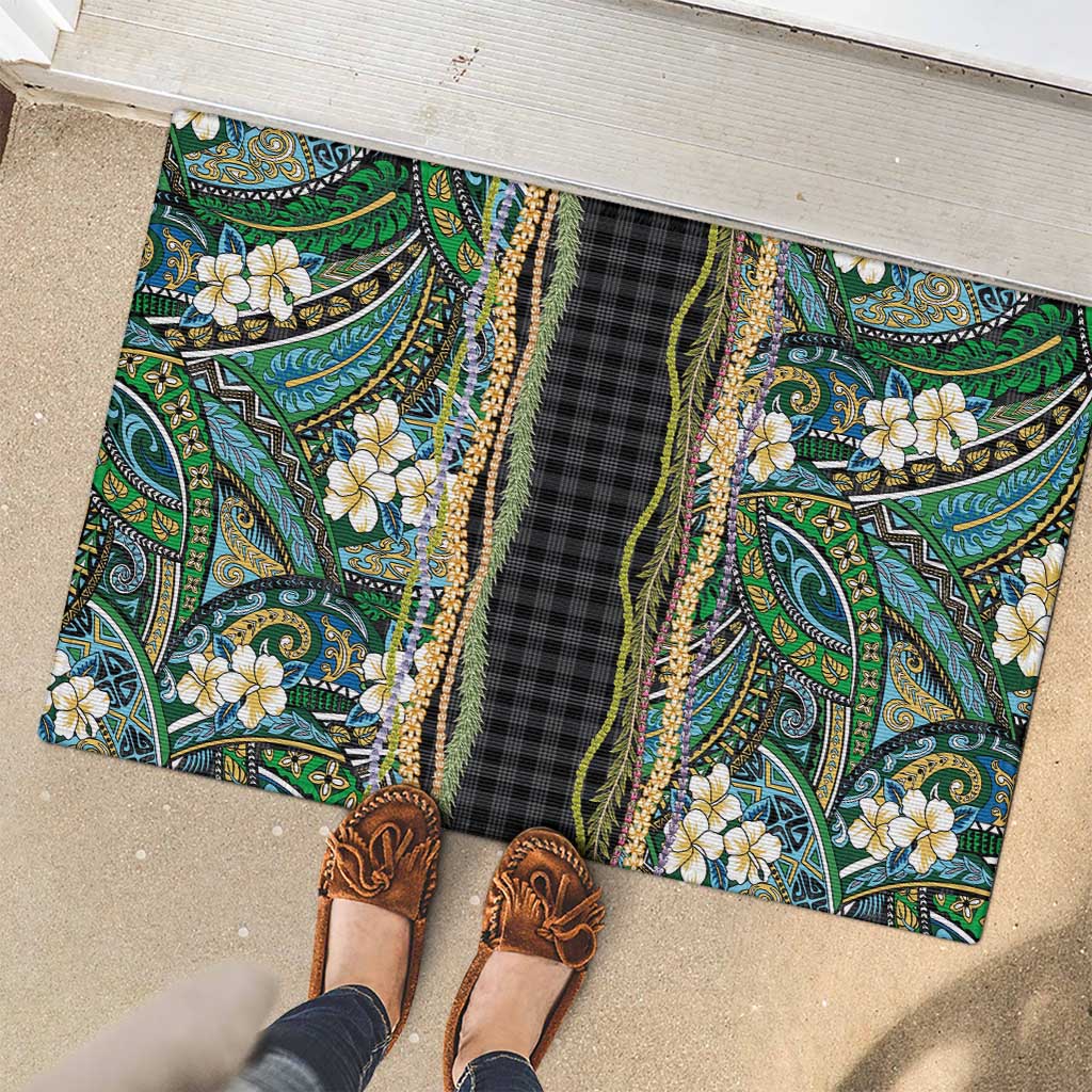 Hawaiian Art Flower Tribal with Lei Rubber Doormat Palaka Pattern Black Color - Polynesian Pride