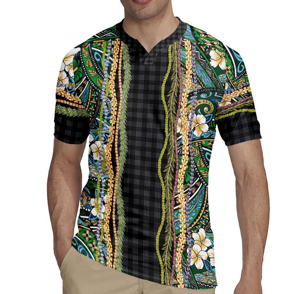 Hawaiian Art Flower Tribal with Lei Rugby Jersey Palaka Pattern Black Color LT03 - Polynesian Pride