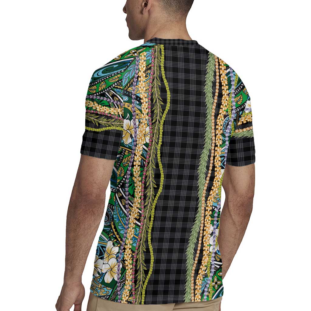 Hawaiian Art Flower Tribal with Lei Rugby Jersey Palaka Pattern Black Color LT03 - Polynesian Pride