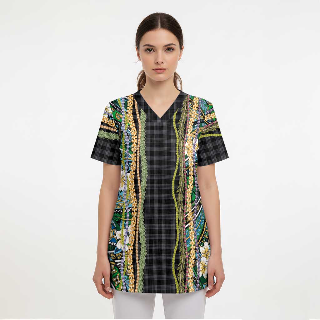 Hawaiian Art Flower Tribal with Lei Scrub Top Palaka Pattern Black Color - Polynesian Pride