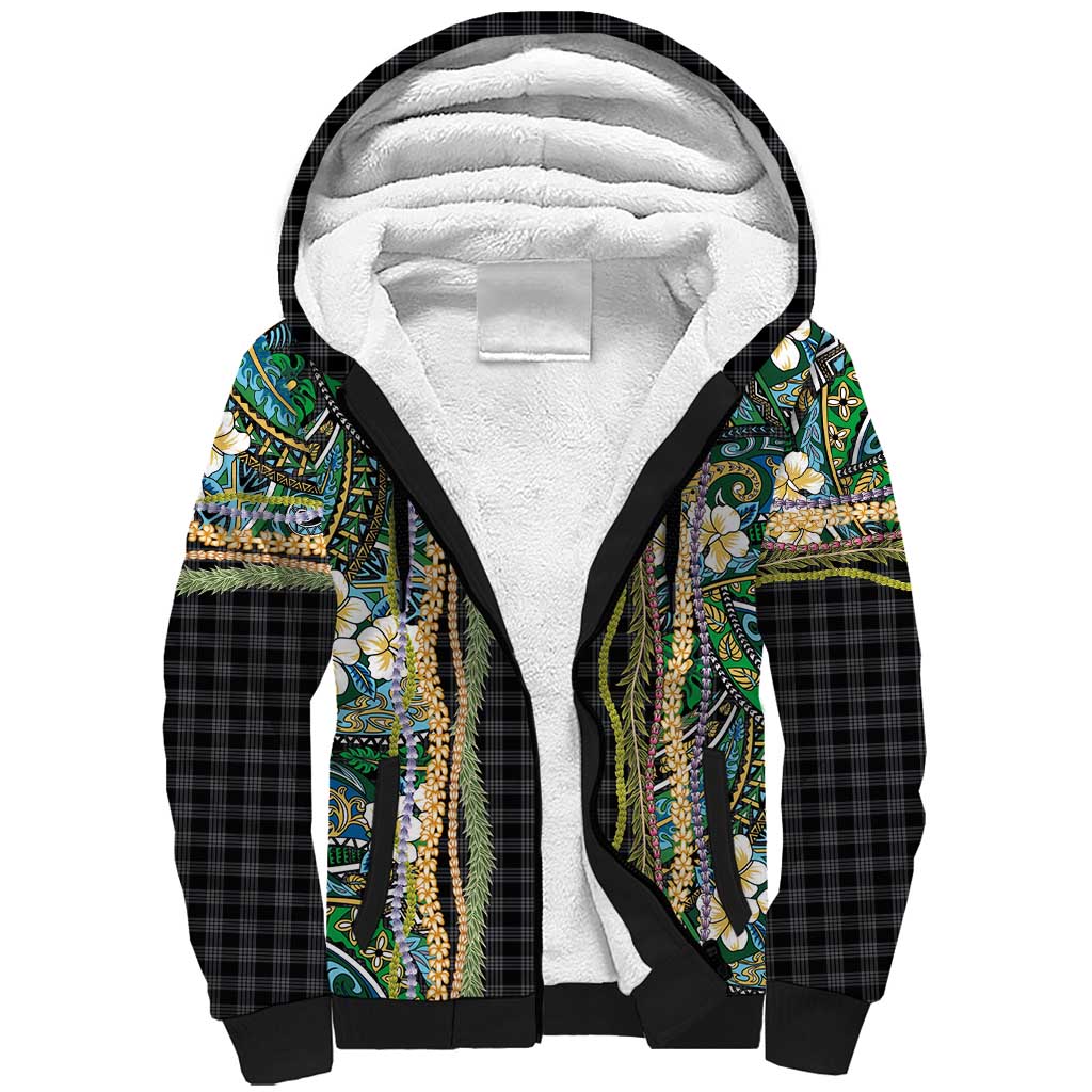 Hawaiian Art Flower Tribal with Lei Sherpa Hoodie Palaka Pattern Black Color LT03 Unisex Black - Polynesian Pride