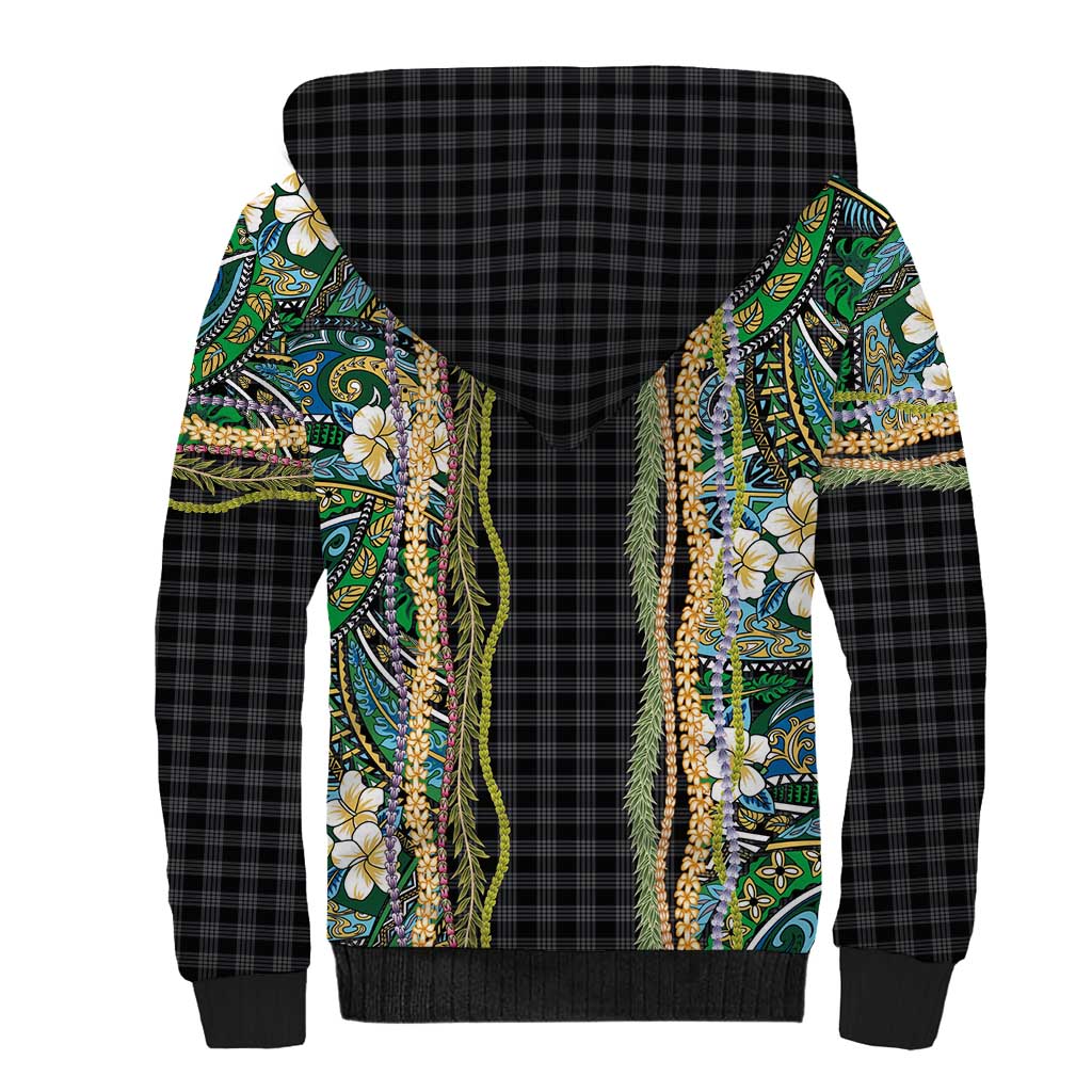Hawaiian Art Flower Tribal with Lei Sherpa Hoodie Palaka Pattern Black Color - Polynesian Pride