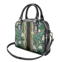 Hawaiian Art Flower Tribal with Lei Shoulder Handbag Palaka Pattern Black Color - Polynesian Pride