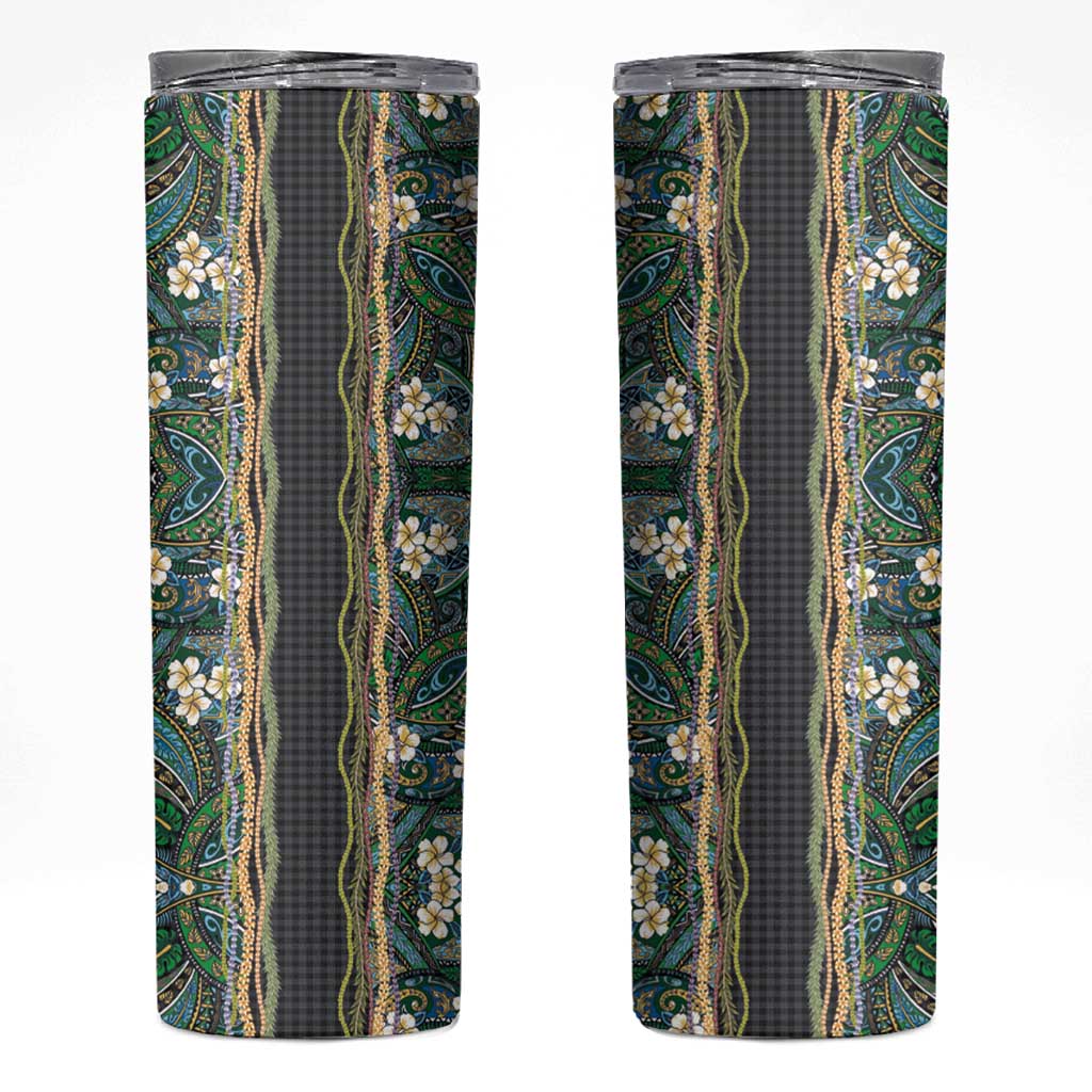 Hawaiian Art Flower Tribal with Lei Skinny Tumbler Palaka Pattern Black Color - Polynesian Pride