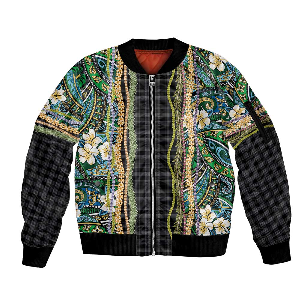 Hawaiian Art Flower Tribal with Lei Sleeve Zip Bomber Jacket Palaka Pattern Black Color - Polynesian Pride