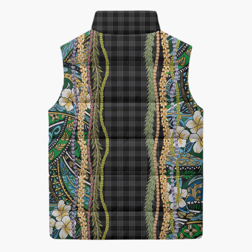 Hawaiian Art Flower Tribal with Lei Sleeveless Puffer Jacket Palaka Pattern Black Color - Polynesian Pride