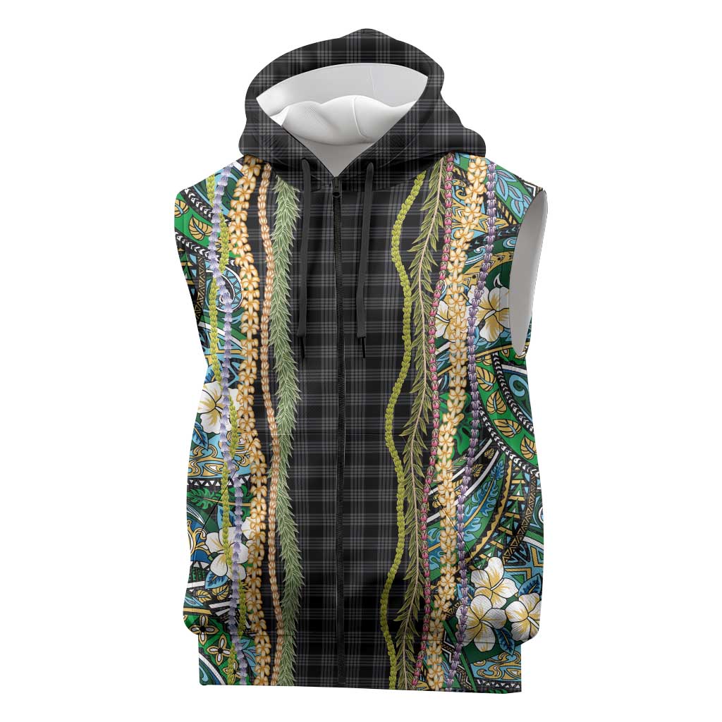 Hawaiian Art Flower Tribal with Lei Sleeveless Zip Hoodie Palaka Pattern Black Color - Polynesian Pride