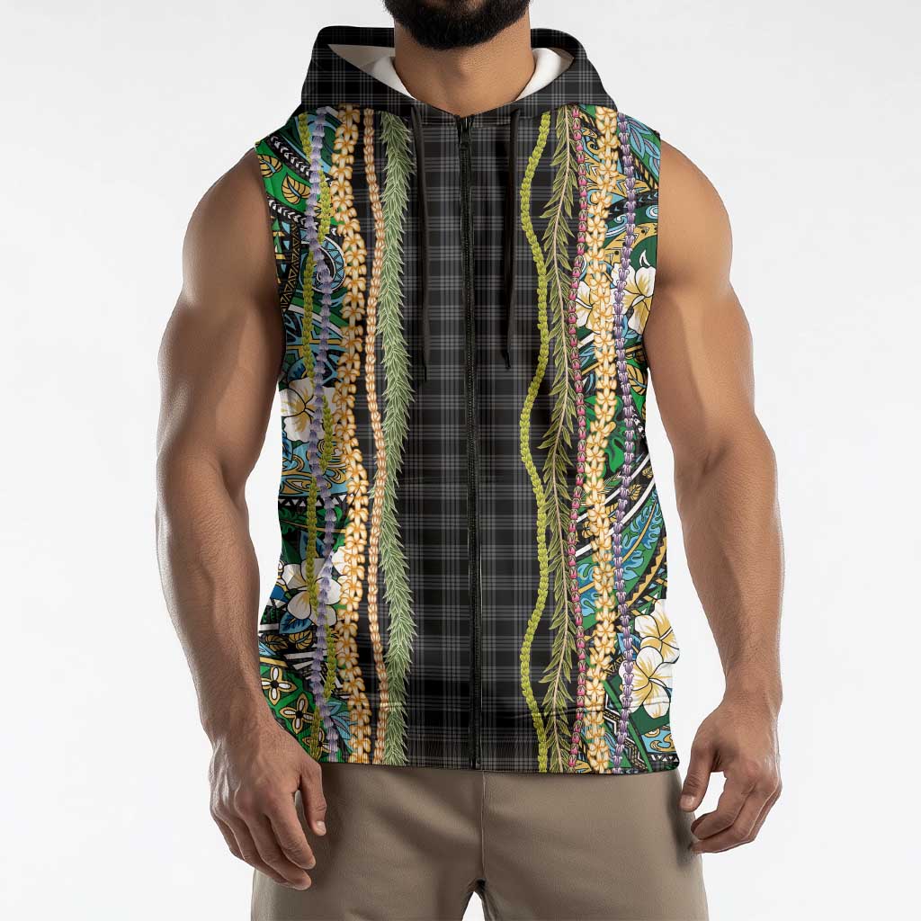 Hawaiian Art Flower Tribal with Lei Sleeveless Zip Hoodie Palaka Pattern Black Color - Polynesian Pride