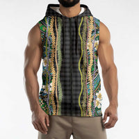 Hawaiian Art Flower Tribal with Lei Sleeveless Zip Hoodie Palaka Pattern Black Color - Polynesian Pride