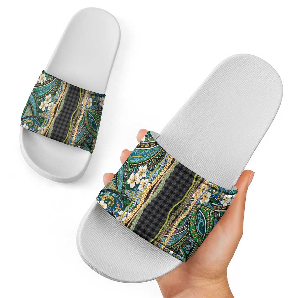Hawaiian Art Flower Tribal with Lei Slide Sandals Palaka Pattern Black Color LT03 - Polynesian Pride