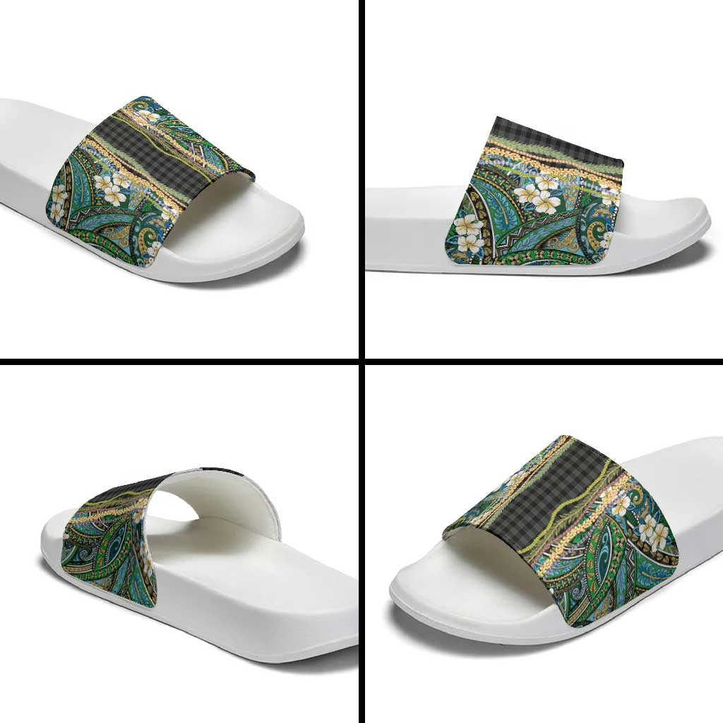 Hawaiian Art Flower Tribal with Lei Slide Sandals Palaka Pattern Black Color LT03 - Polynesian Pride