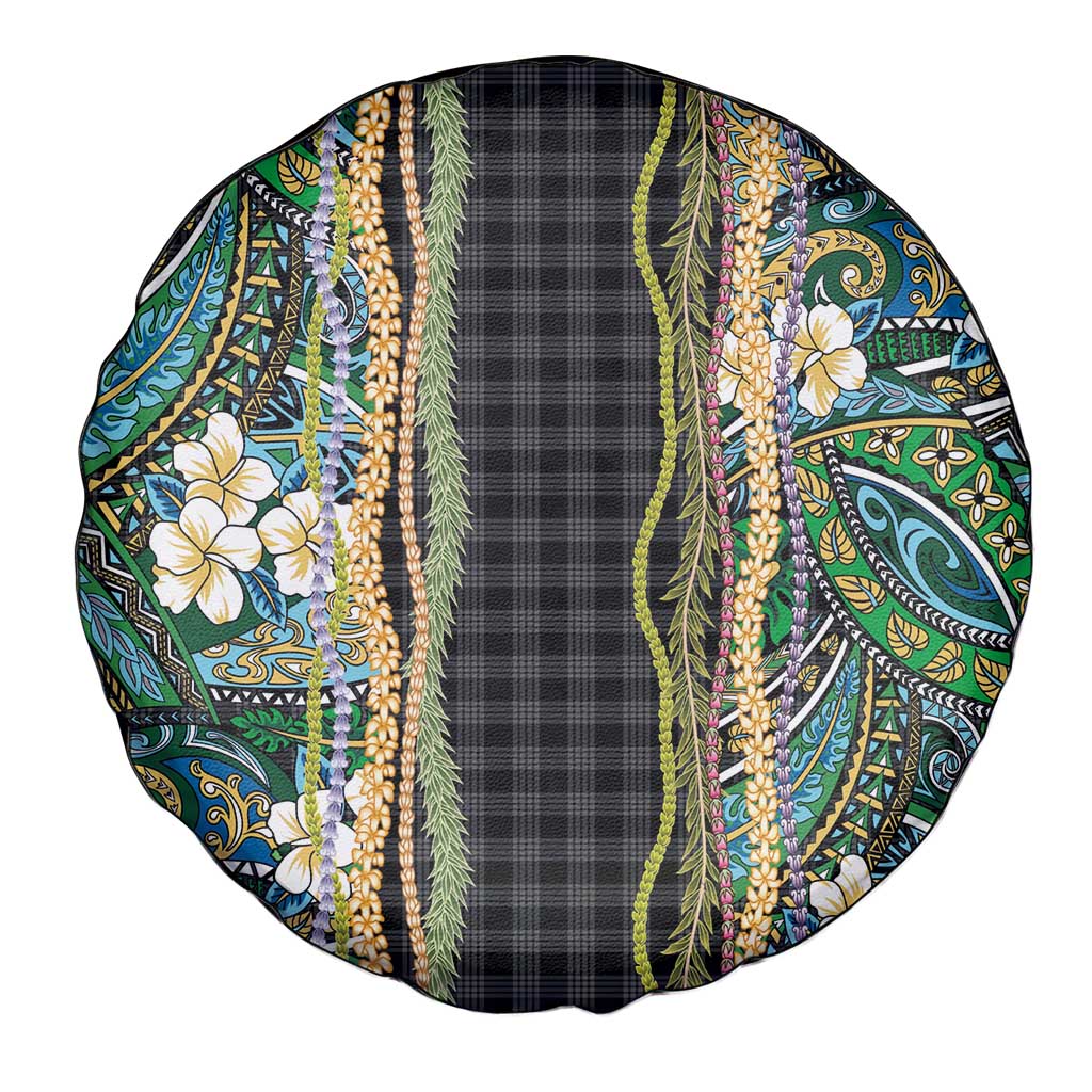 Hawaiian Art Flower Tribal with Lei Spare Tire Cover Palaka Pattern Black Color - Polynesian Pride