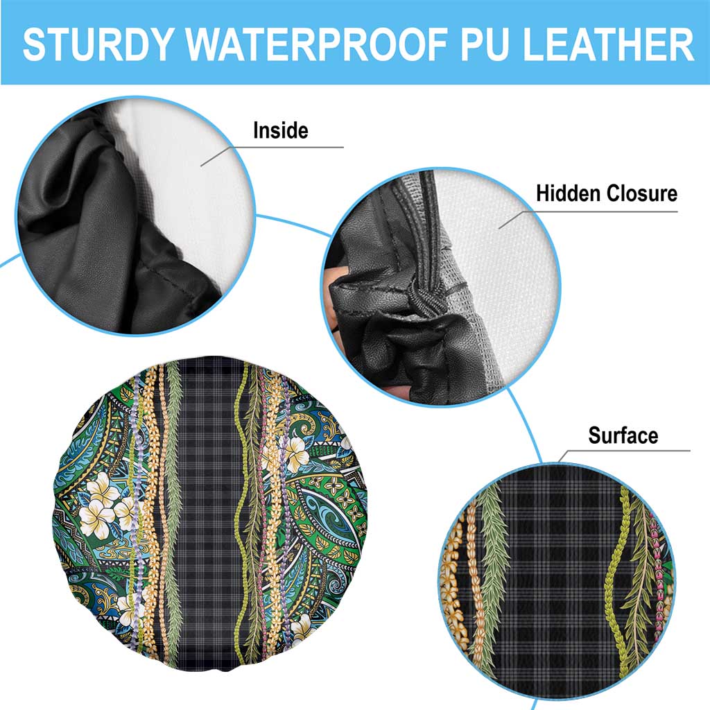 Hawaiian Art Flower Tribal with Lei Spare Tire Cover Palaka Pattern Black Color - Polynesian Pride