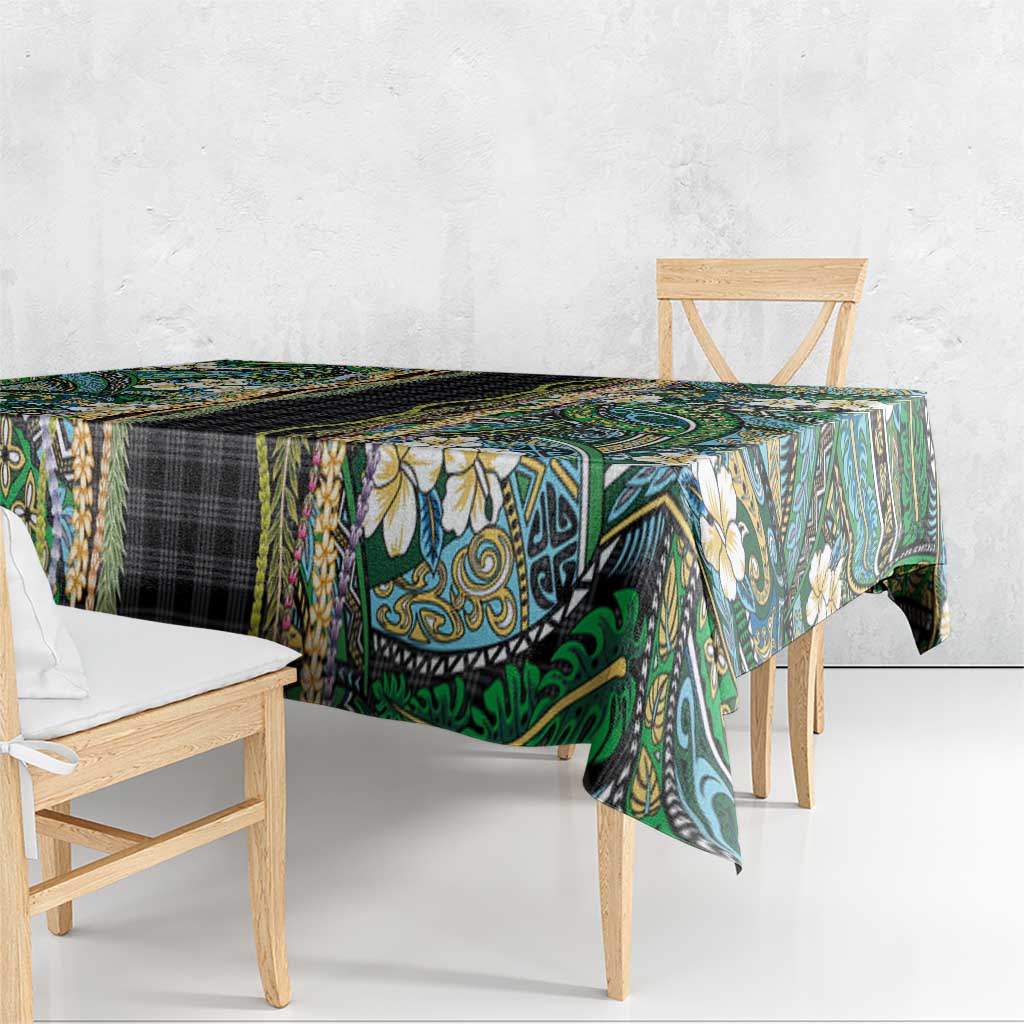 Hawaiian Art Flower Tribal with Lei Tablecloth Palaka Pattern Black Color - Polynesian Pride