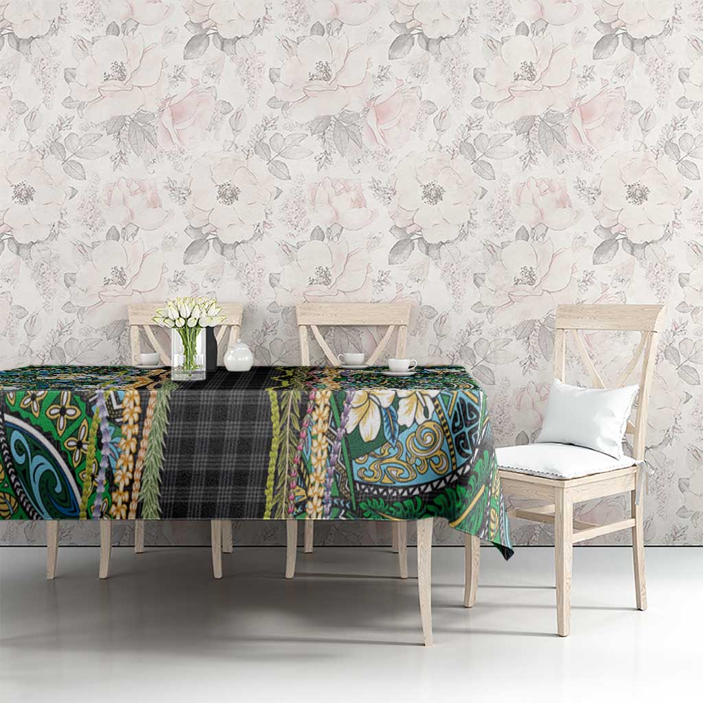 Hawaiian Art Flower Tribal with Lei Tablecloth Palaka Pattern Black Color - Polynesian Pride