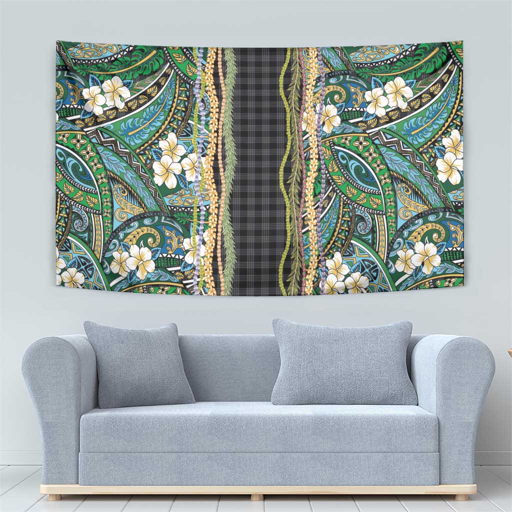 Hawaiian Art Flower Tribal with Lei Tapestry Palaka Pattern Black Color - Polynesian Pride