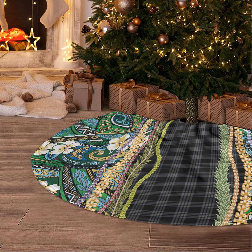 Hawaiian Art Flower Tribal with Lei Tree Skirt Palaka Pattern Black Color - Polynesian Pride