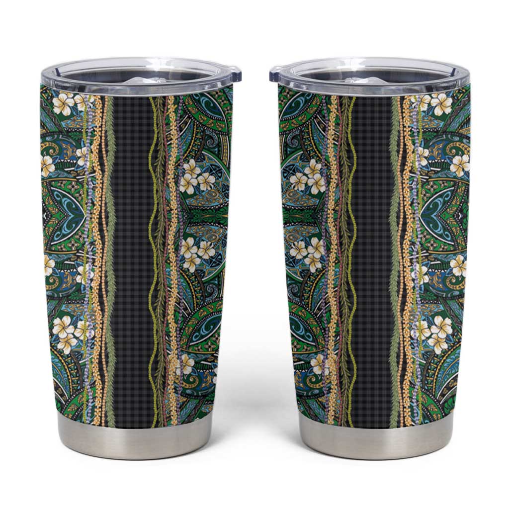 Hawaiian Art Flower Tribal with Lei Tumbler Cup Palaka Pattern Black Color - Polynesian Pride