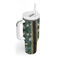 Hawaiian Art Flower Tribal with Lei Tumbler With Handle Palaka Pattern Black Color LT03 - Polynesian Pride