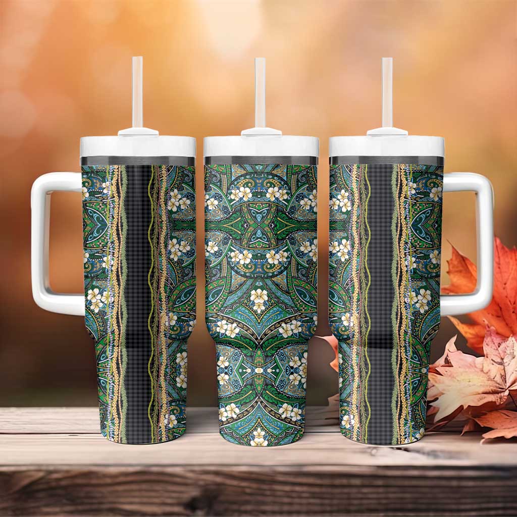 Hawaiian Art Flower Tribal with Lei Tumbler With Handle Palaka Pattern Black Color LT03 - Polynesian Pride