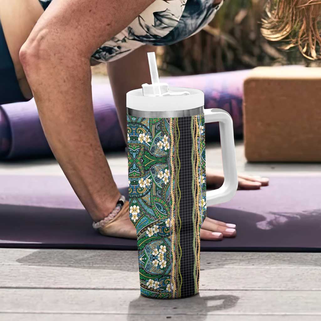 Hawaiian Art Flower Tribal with Lei Tumbler With Handle Palaka Pattern Black Color LT03 - Polynesian Pride