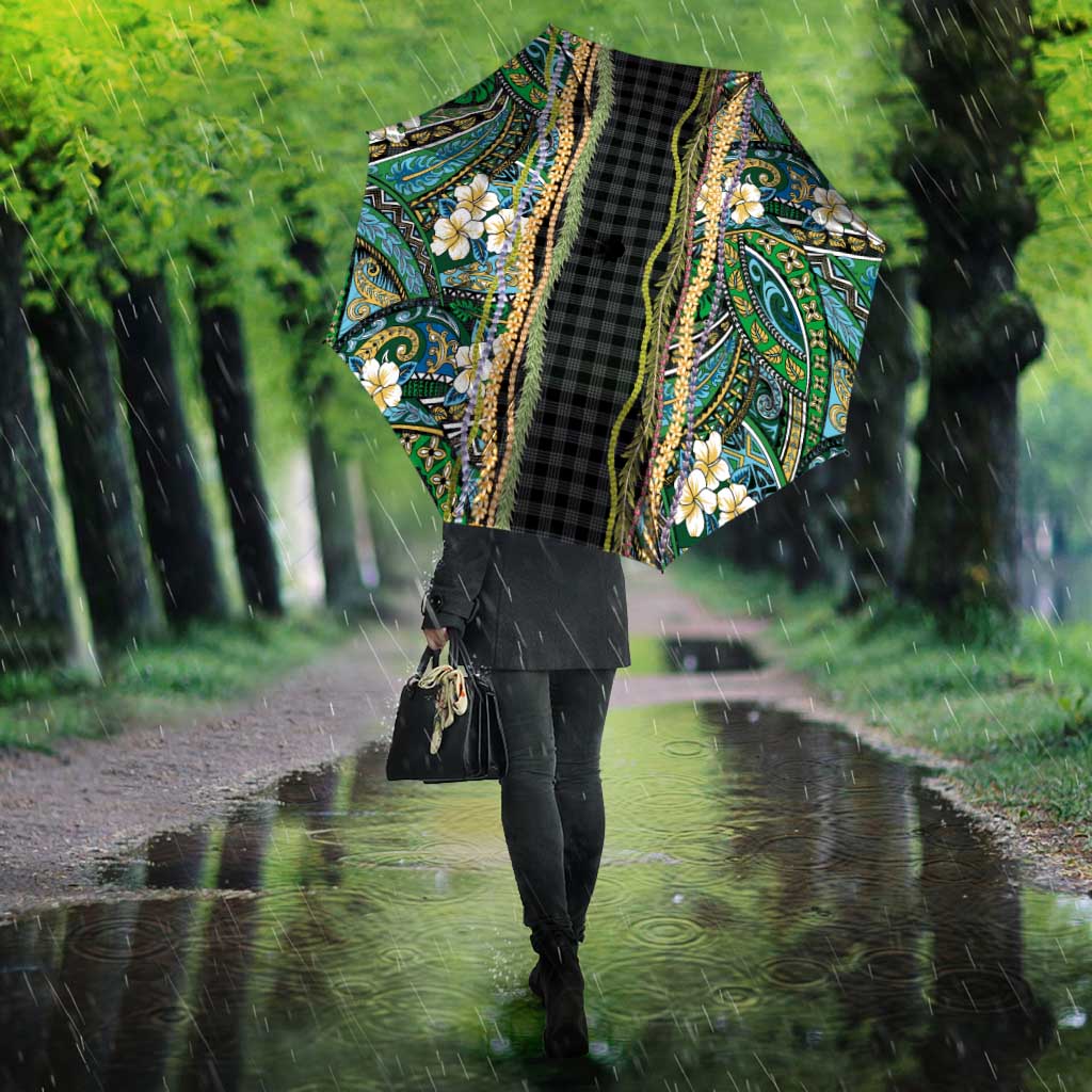 Hawaiian Art Flower Tribal with Lei Umbrella Palaka Pattern Black Color - Polynesian Pride