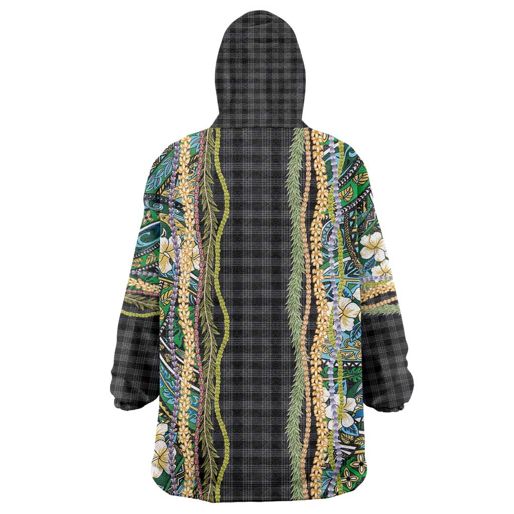 Hawaiian Art Flower Tribal with Lei Wearable Blanket Hoodie Palaka Pattern Black Color - Polynesian Pride