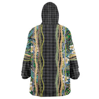 Hawaiian Art Flower Tribal with Lei Wearable Blanket Hoodie Palaka Pattern Black Color - Polynesian Pride